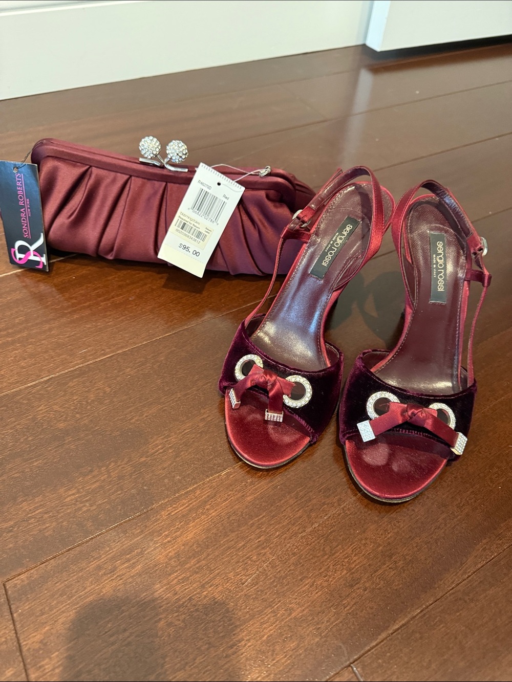Sergio Rossi Burgundy Velvet Open-Toe Slingback Heels with Crystal Bow